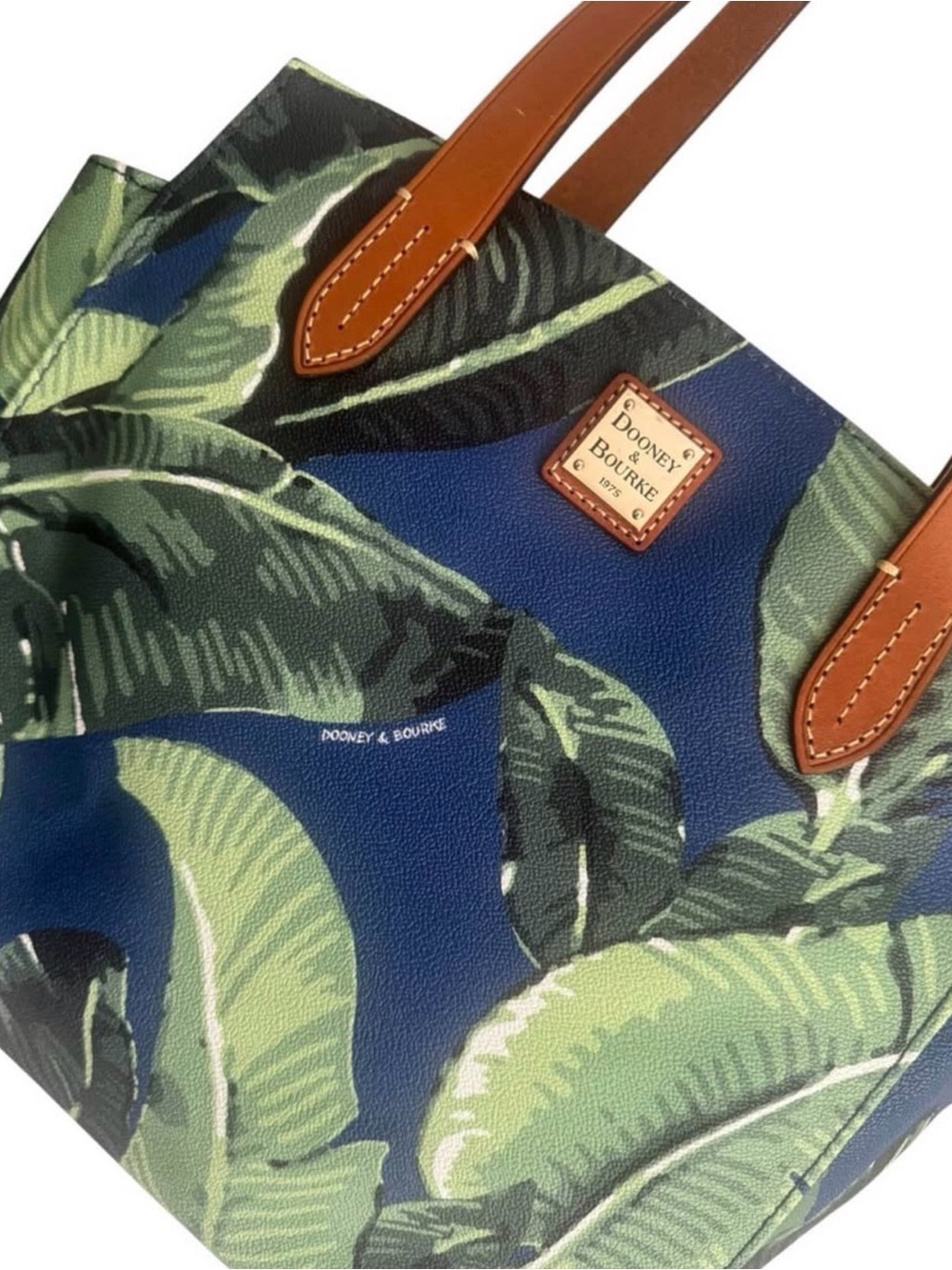 Dooney & Bourke Blue and Green Tropical Leaf Tote with Brown Leather Straps